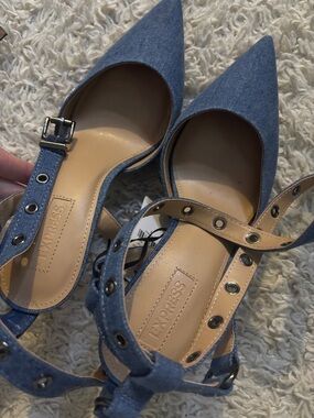 Express Blue Denim Pointed-Toe Ankle Strap Flats with Grommet Details